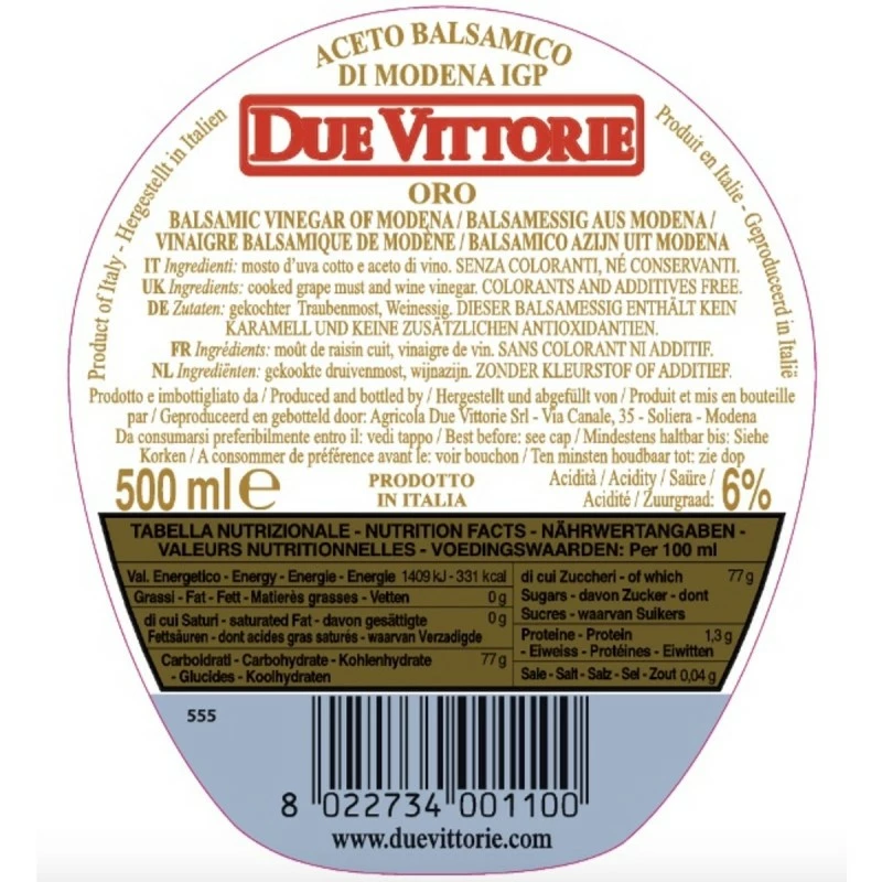 Due VittorieBalsamic Vinegar Of Modena PGI Gold 500ml 2 Due VittorieBalsamic Vinegar Of Modena PGI Gold 500ml - Image 2