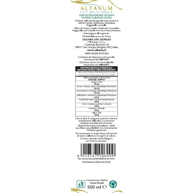Olearia San GiorgioExtra Virgin Olive Altanum PGI 500ml 2 Olearia San GiorgioExtra Virgin Olive Altanum PGI 500ml - Image 2