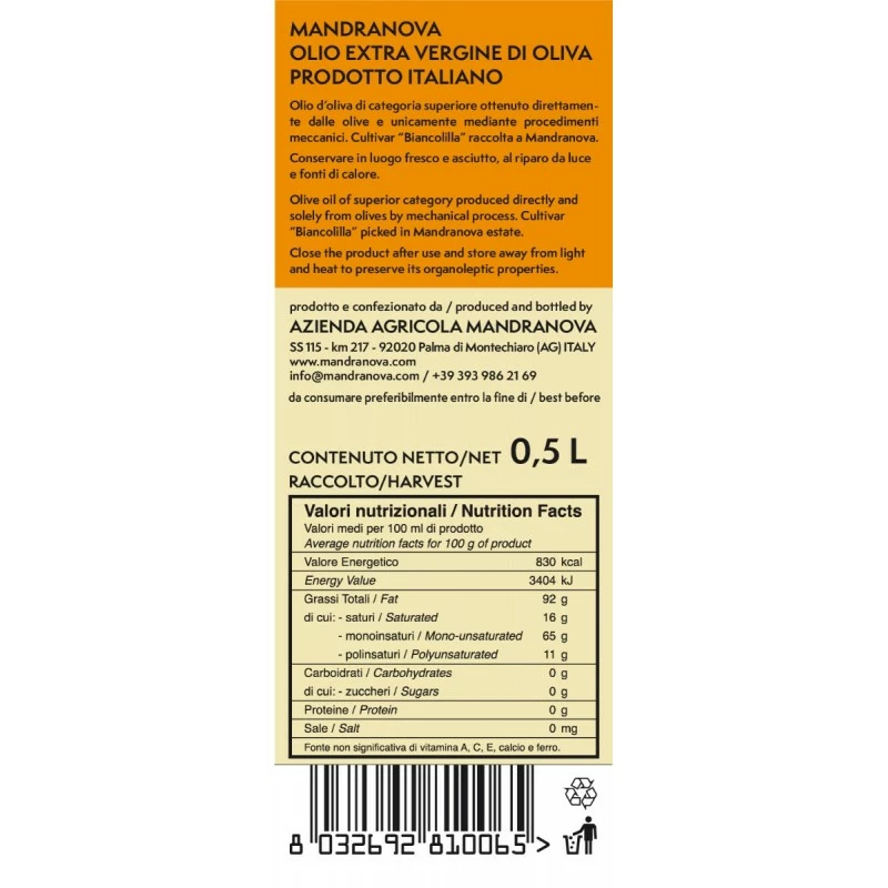 MandranovaExtra Virgin Olive Oil Biancolilla 500ml 2 MandranovaExtra Virgin Olive Oil Biancolilla 500ml - Image 2