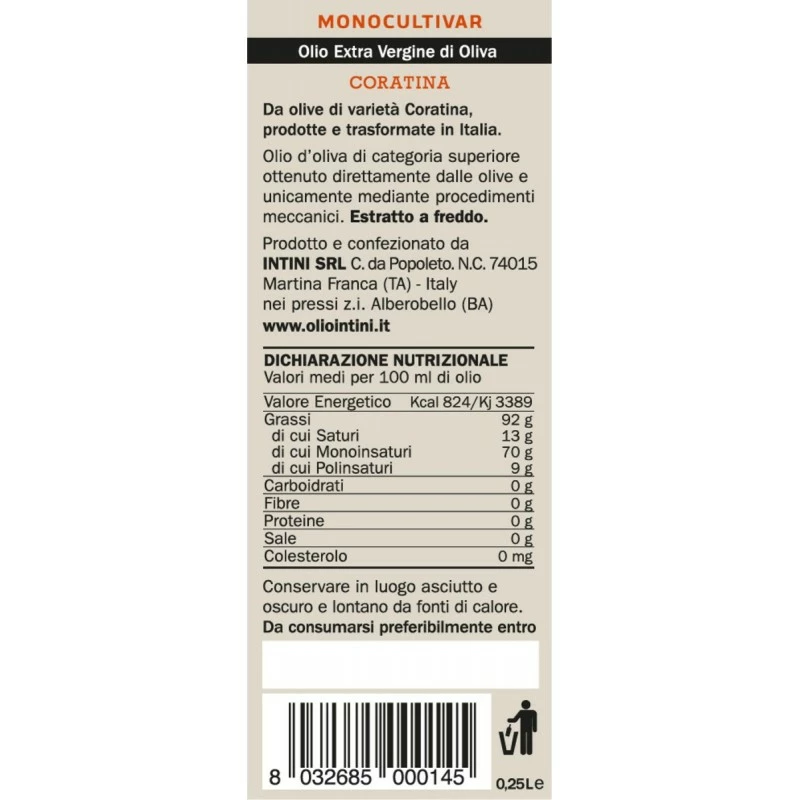 IntiniExtra Virgin Olive Oil Coratina 500ml 2 IntiniExtra Virgin Olive Oil Coratina 500ml - Image 2