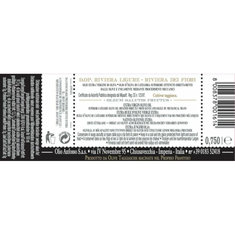 AnfossoExtra Virgin Olive Oil PDO Riviera Ligure Cultivar Taggiasca 750ml 2 AnfossoExtra Virgin Olive Oil PDO Riviera Ligure Cultivar Taggiasca 750ml - Image 2