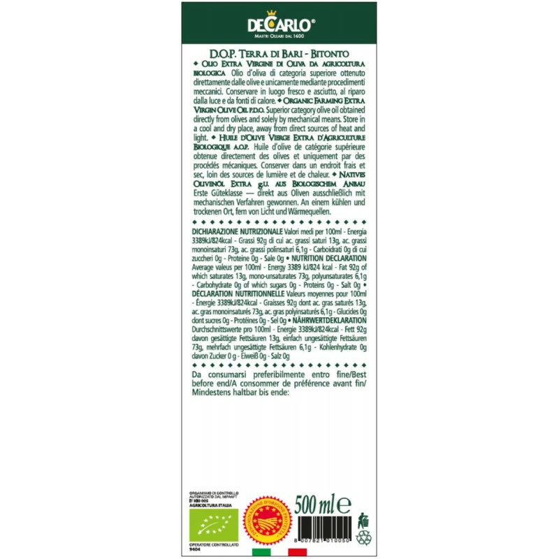 De CarloExtra Virgin Olive Oil PDO Tenuta Arcamone Organic 500ml 2 De CarloExtra Virgin Olive Oil PDO Tenuta Arcamone Organic 500ml - Image 2