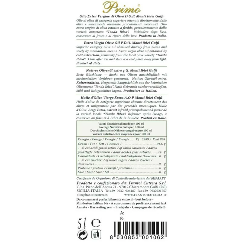 CutreraExtra Virgin Olive Oil Primo PDO Monti Iblei Can 5l 2 CutreraExtra Virgin Olive Oil Primo PDO Monti Iblei Can 5l - Image 2