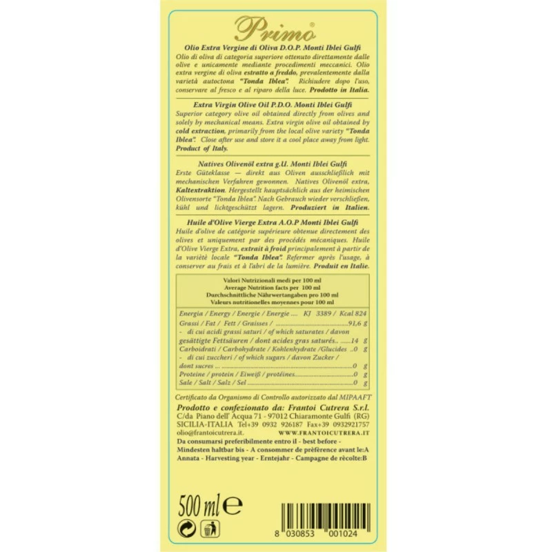 CutreraExtra Virgin Olive Oil Primo PDO Monti Iblei 500ml 2 CutreraExtra Virgin Olive Oil Primo PDO Monti Iblei 500ml - Image 2