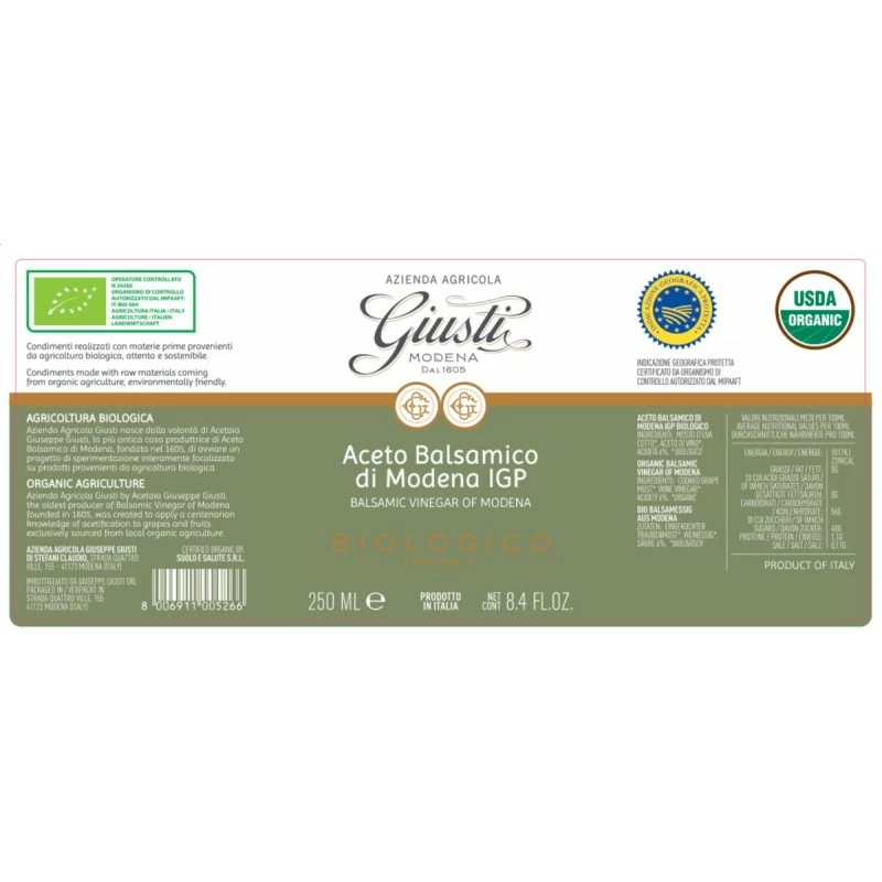 GiustiOrganic Balsamic Vinegar Of Modena PGI 2 Seals 250ml 2 GiustiOrganic Balsamic Vinegar Of Modena PGI 2 Seals 250ml - Image 2